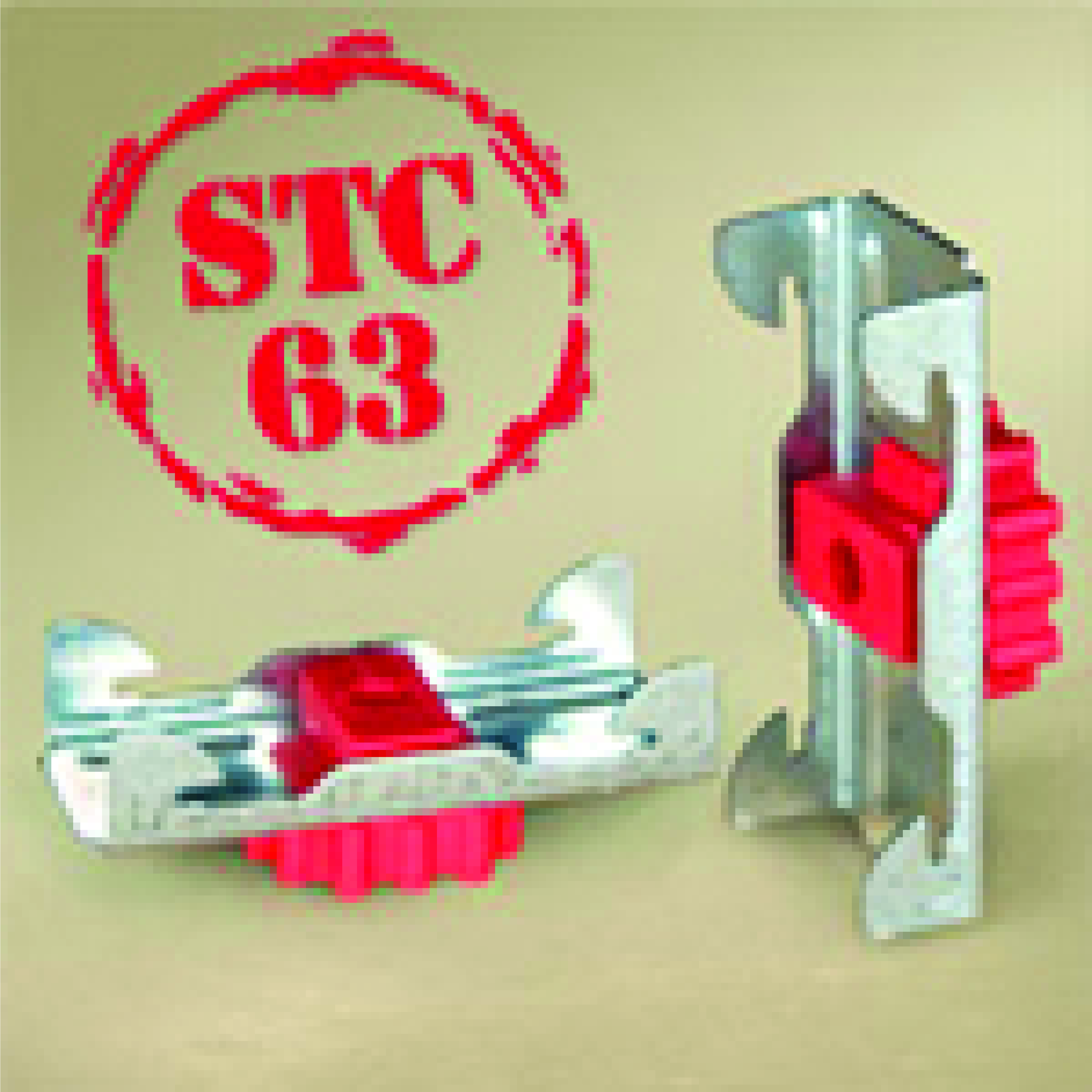A pair of red and silver metal clips.