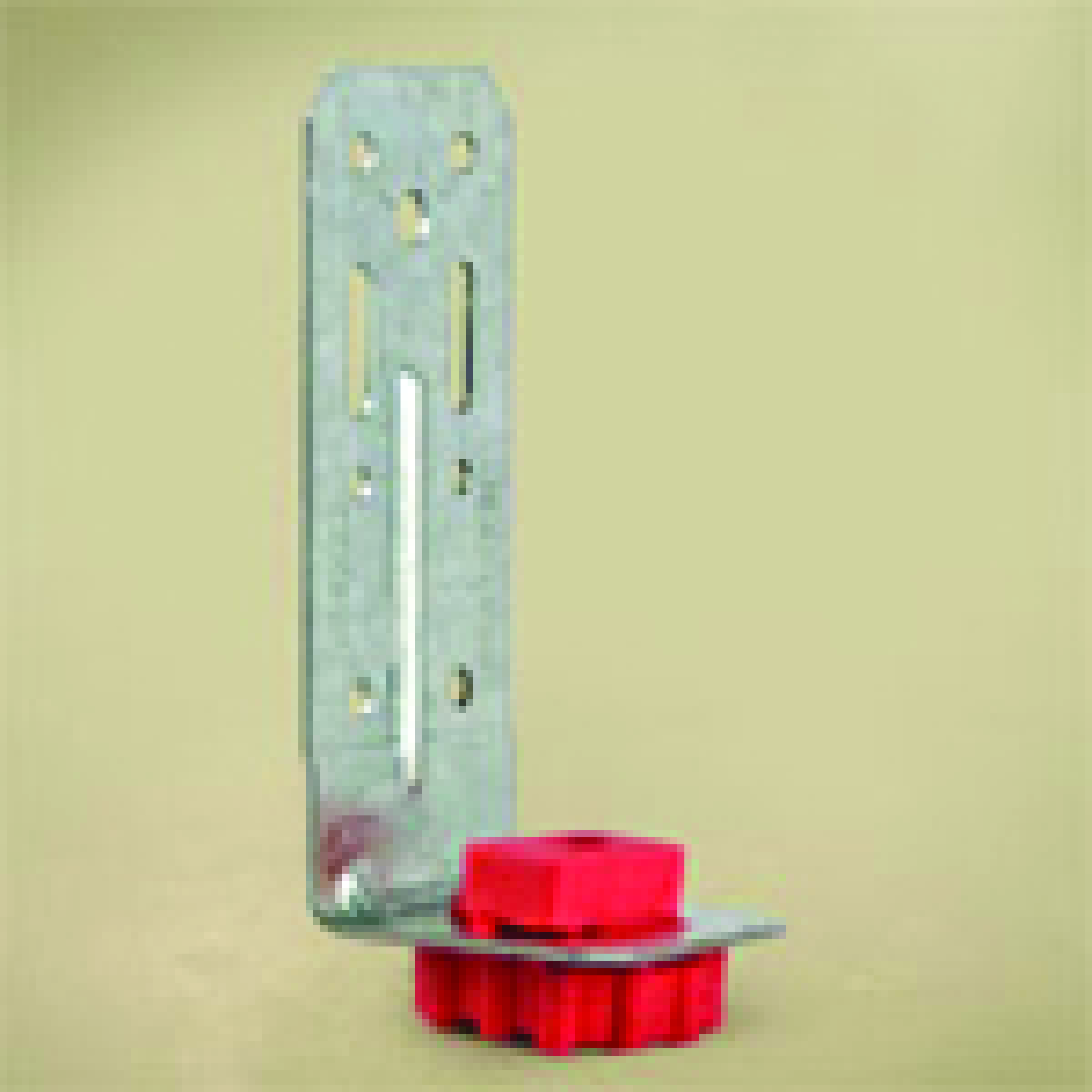 A red piece of metal with a mounting plate.
