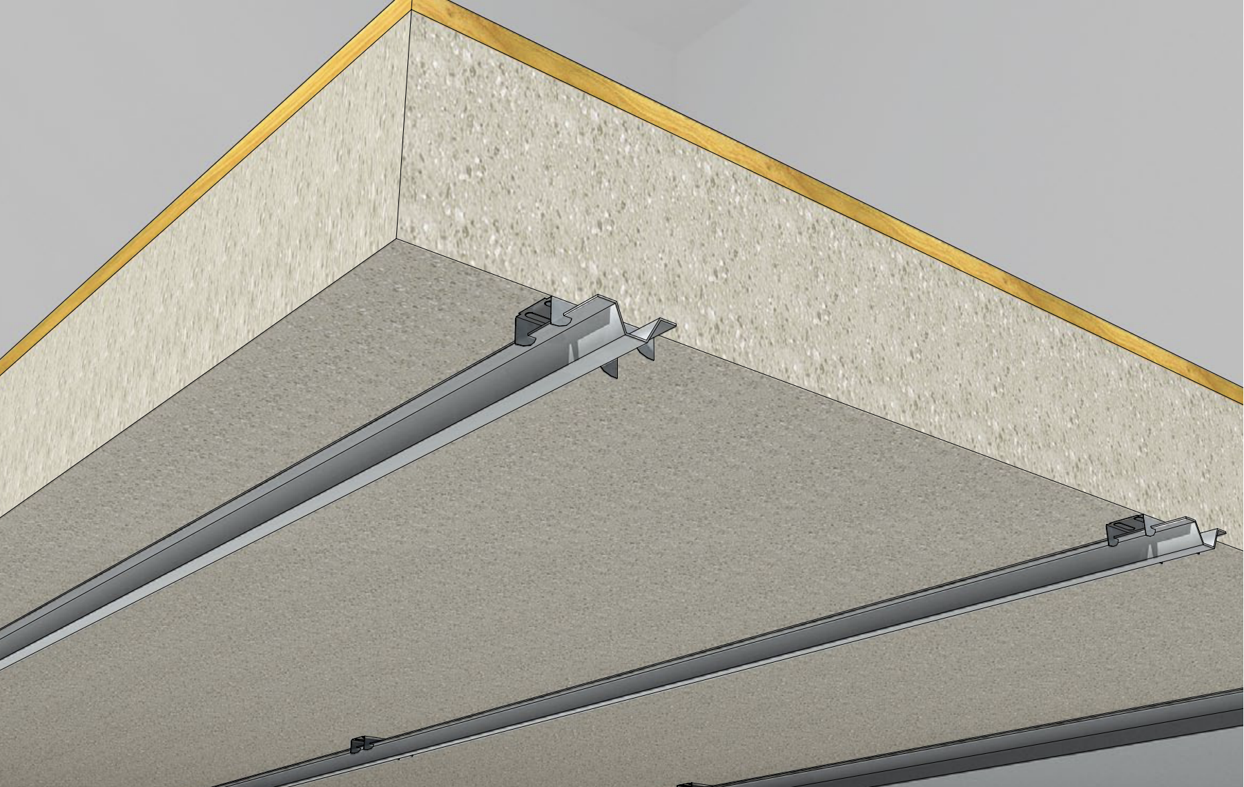 A ceiling with a metal track and some yellow lines